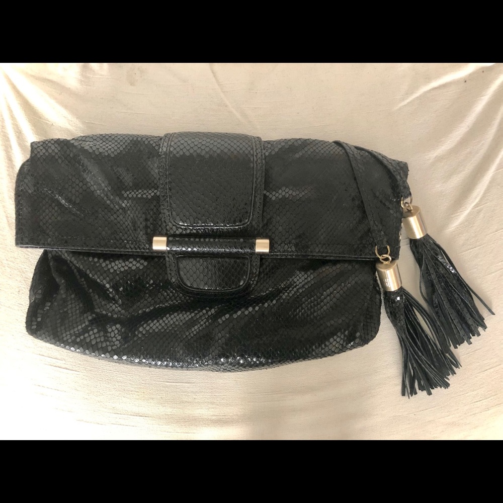 Bill Blass Snakeskin Leather Tasseled Clutch